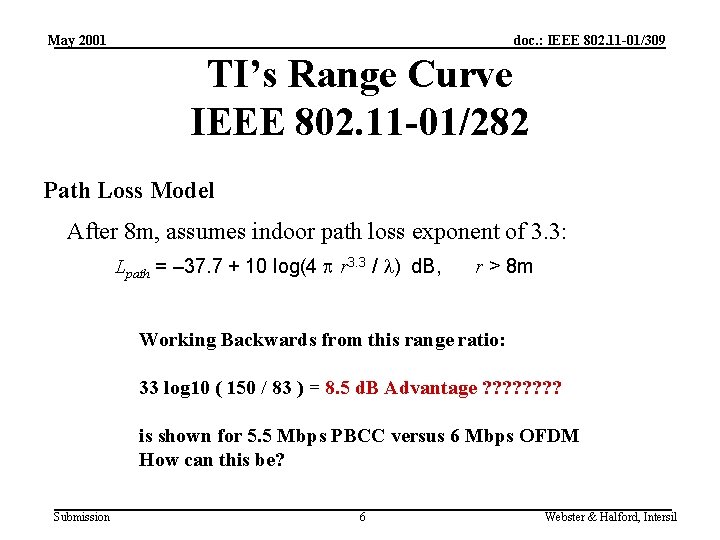 May 2001 doc. : IEEE 802. 11 -01/309 TI’s Range Curve IEEE 802. 11