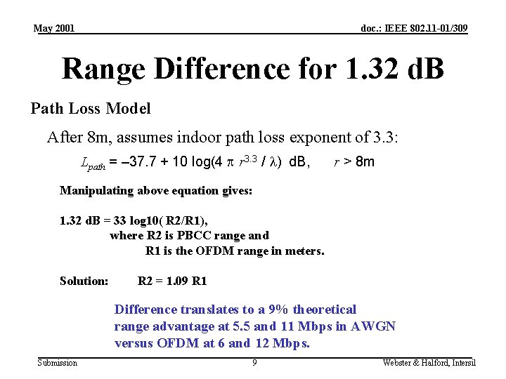 May 2001 doc. : IEEE 802. 11 -01/309 Range Difference for 1. 32 d.