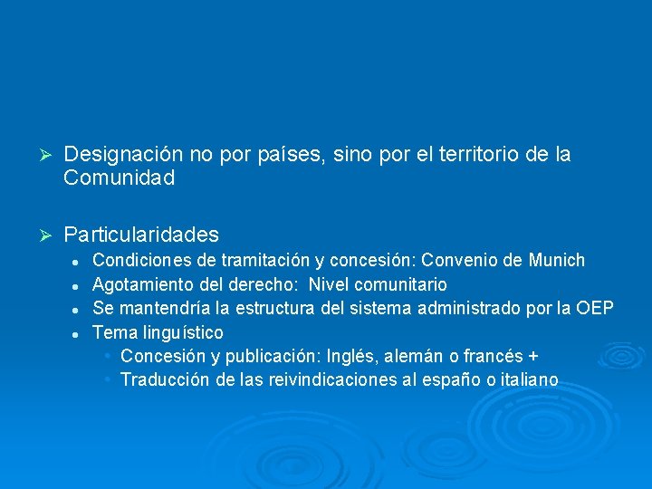 Ø Designación no por países, sino por el territorio de la Comunidad Ø Particularidades