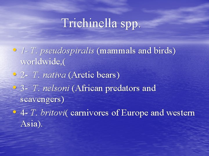 Trichinella spp. • 1 - T. pseudospiralis (mammals and birds) • • • worldwide,
