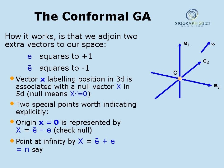 The Conformal GA How it works, is that we adjoin two extra vectors to