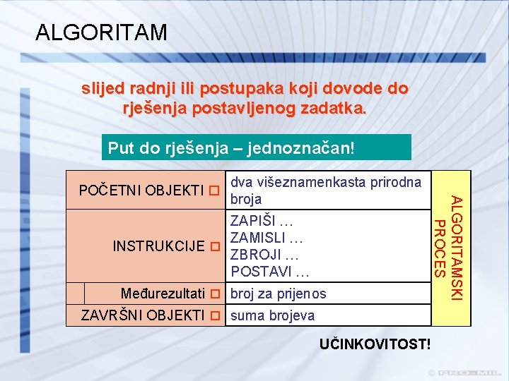 ALGORITAM slijed radnji ili postupaka koji dovode do rješenja postavljenog zadatka. Put do rješenja ALGORITAM slijed radnji ili postupaka koji dovode do rješenja postavljenog zadatka. Put do rješenja
