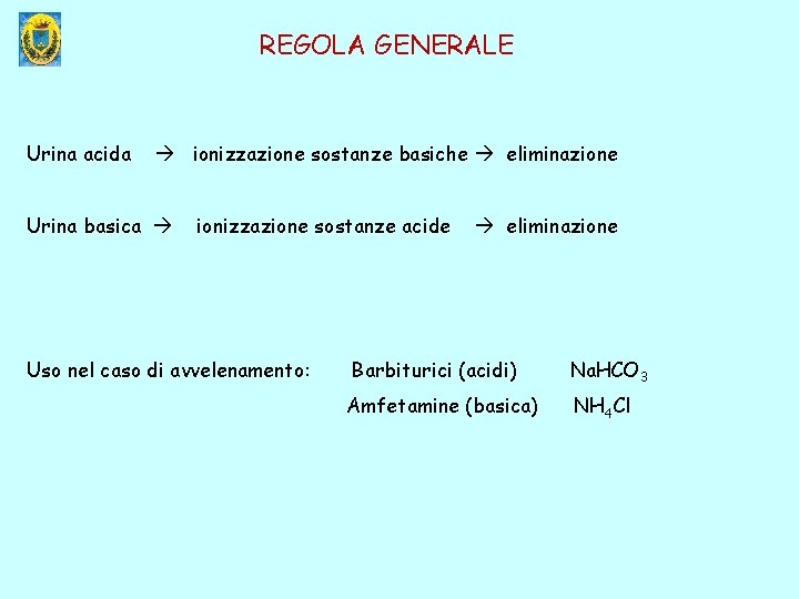 REGOLA GENERALE Urina acida ionizzazione sostanze basiche eliminazione Urina basica ionizzazione sostanze acide Uso