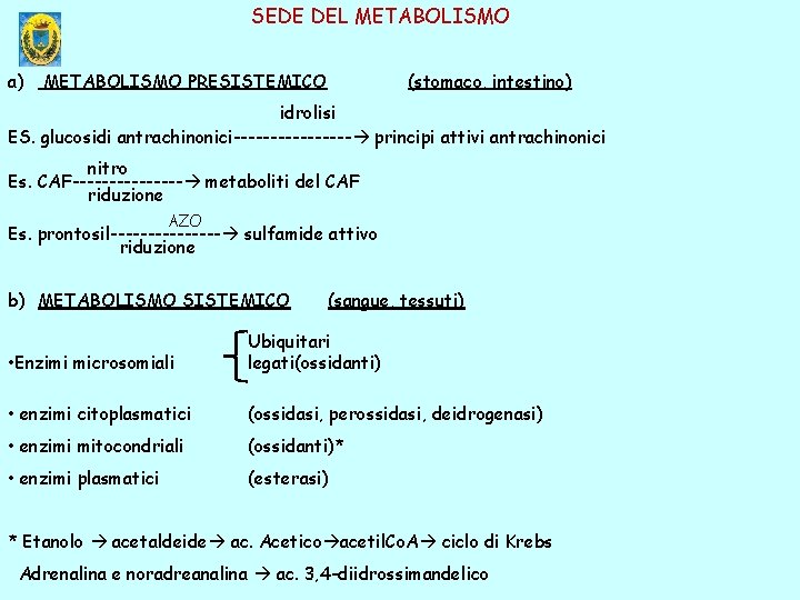 SEDE DEL METABOLISMO a) METABOLISMO PRESISTEMICO (stomaco, intestino) idrolisi ES. glucosidi antrachinonici-------- principi attivi