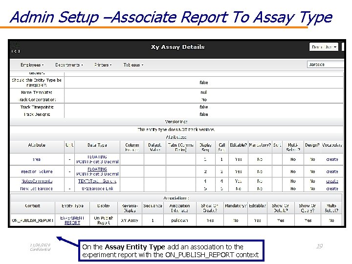 Admin Setup –Associate Report To Assay Type 11/30/2020 Confidential On the Assay Entity Type
