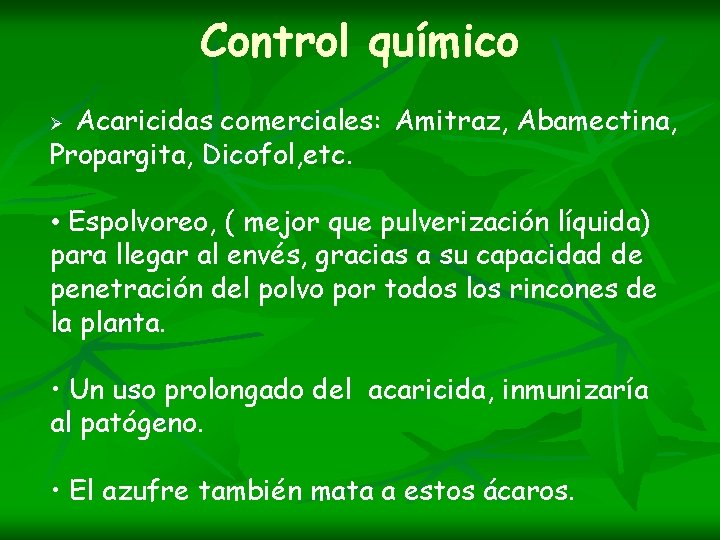 Control químico Acaricidas comerciales: Amitraz, Abamectina, Propargita, Dicofol, etc. Ø • Espolvoreo, ( mejor
