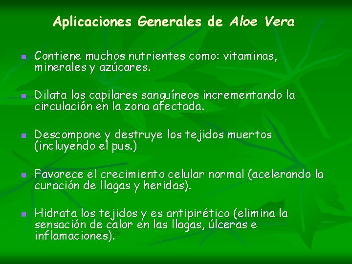Aplicaciones Generales de Aloe Vera n Contiene muchos nutrientes como: vitaminas, minerales y azúcares.