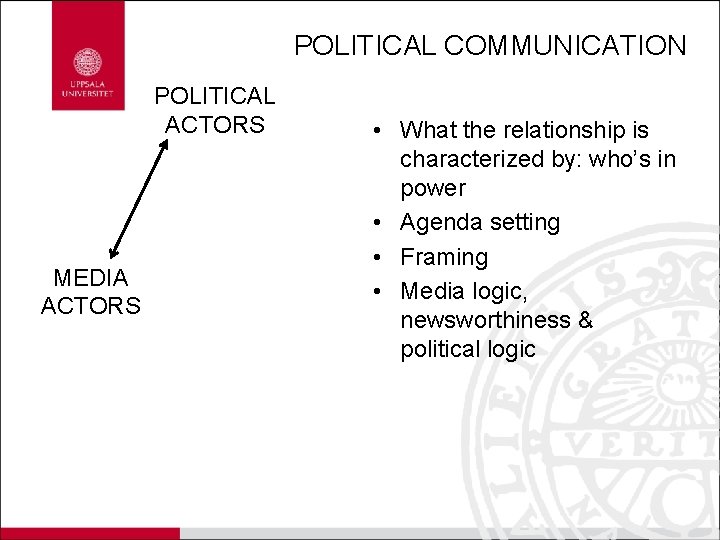 POLITICAL COMMUNICATION POLITICAL ACTORS MEDIA ACTORS • What the relationship is characterized by: who’s