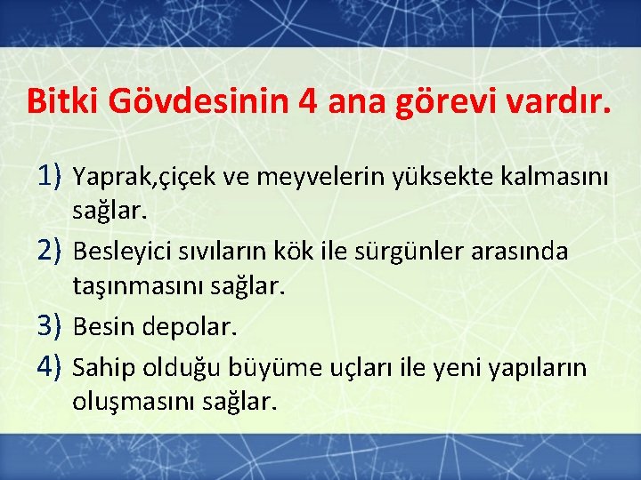 Bitki Gövdesinin 4 ana görevi vardır. 1) Yaprak, çiçek ve meyvelerin yüksekte kalmasını sağlar. Bitki Gövdesinin 4 ana görevi vardır. 1) Yaprak, çiçek ve meyvelerin yüksekte kalmasını sağlar.