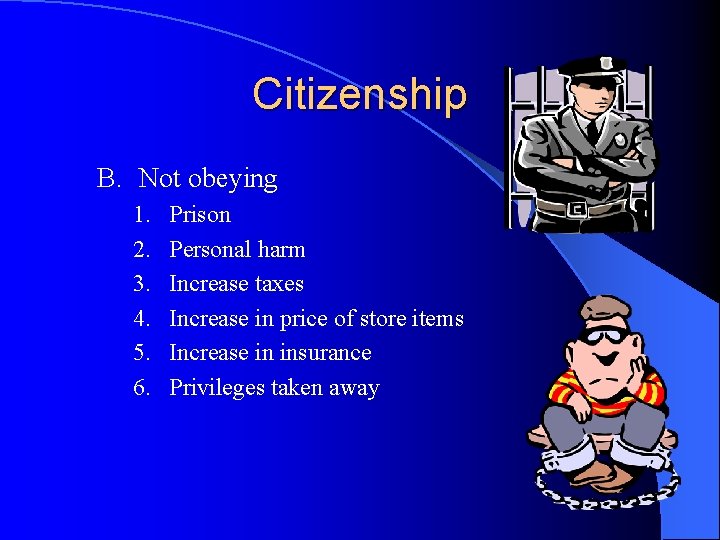 Citizenship B. Not obeying 1. 2. 3. 4. 5. 6. Prison Personal harm Increase