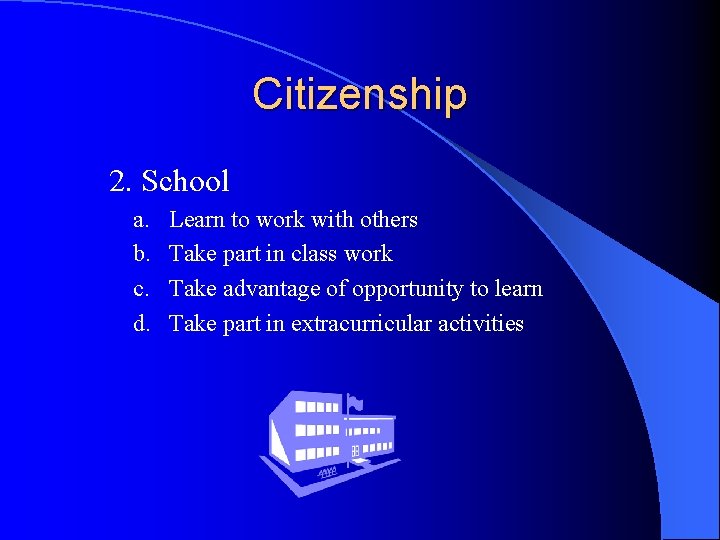 Citizenship 2. School a. b. c. d. Learn to work with others Take part