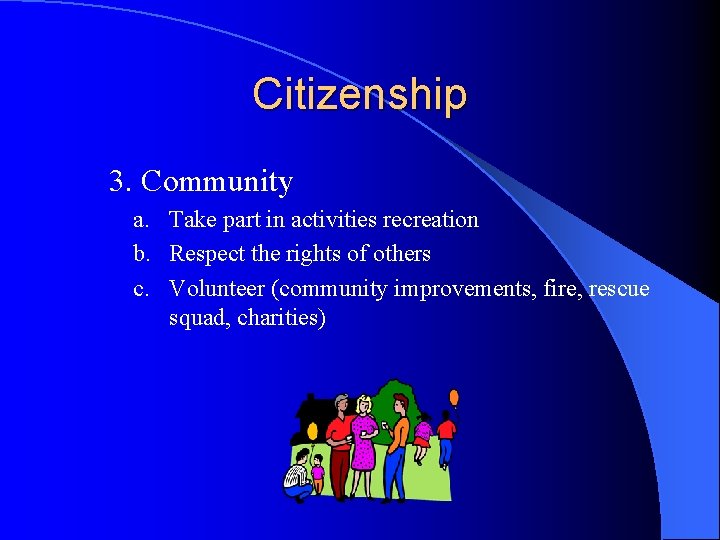 Citizenship 3. Community a. Take part in activities recreation b. Respect the rights of