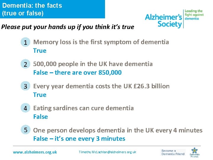 Dementia: the facts (true or false) Please put your hands up if you think