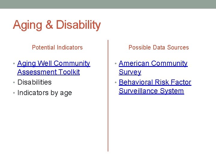 Aging & Disability Potential Indicators Possible Data Sources • Aging Well Community • American