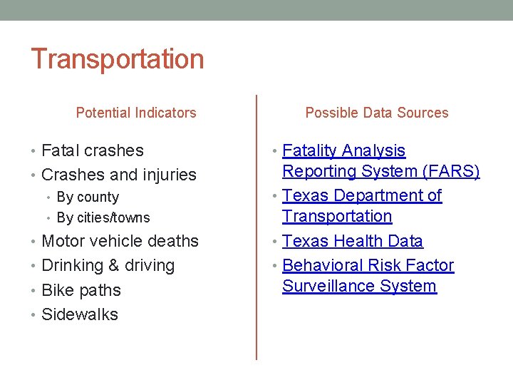 Transportation Potential Indicators Possible Data Sources • Fatal crashes • Fatality Analysis • Crashes