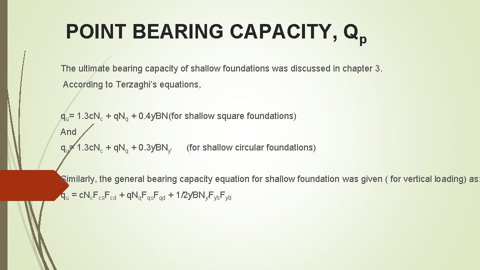 POINT BEARING CAPACITY, Qp The ultimate bearing capacity of shallow foundations was discussed in