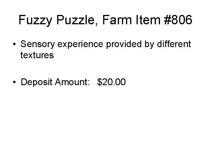 Fuzzy Puzzle, Farm Item #806 • Sensory experience provided by different textures • Deposit