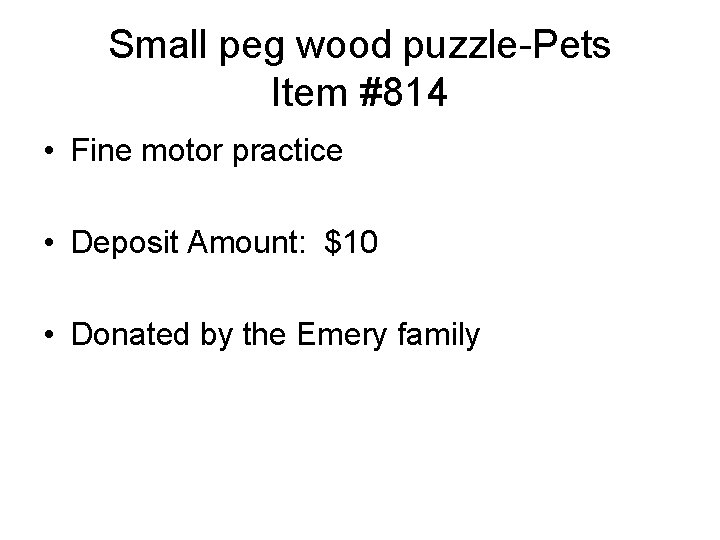 Small peg wood puzzle-Pets Item #814 • Fine motor practice • Deposit Amount: $10