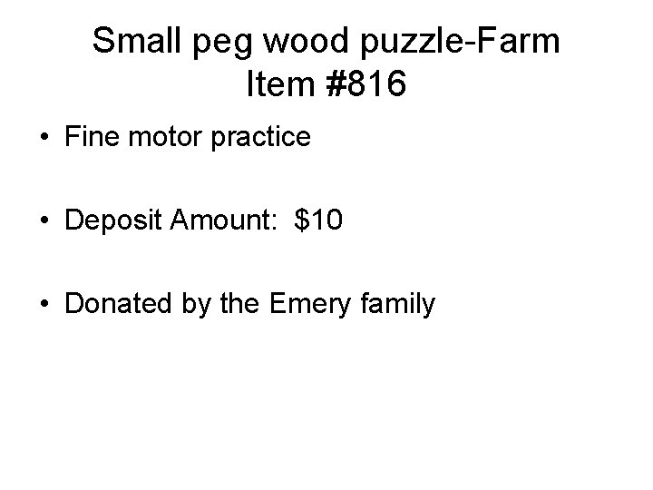 Small peg wood puzzle-Farm Item #816 • Fine motor practice • Deposit Amount: $10