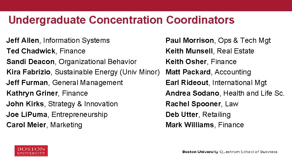 Undergraduate Concentration Coordinators Jeff Allen, Information Systems Ted Chadwick, Finance Sandi Deacon, Organizational Behavior