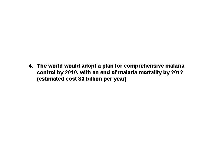 4. The world would adopt a plan for comprehensive malaria control by 2010, with