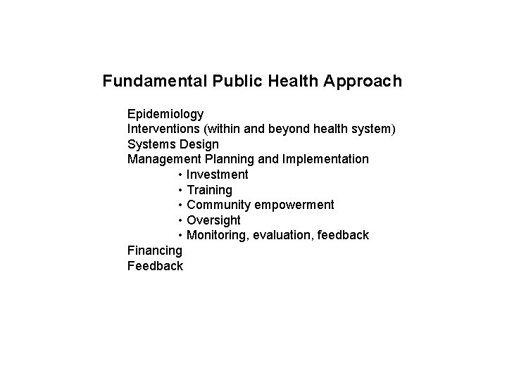 Fundamental Public Health Approach Epidemiology Interventions (within and beyond health system) Systems Design Management
