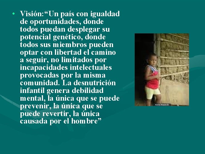  • Visión: “Un país con igualdad de oportunidades, donde todos puedan desplegar su