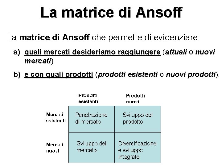 La matrice di Ansoff che permette di evidenziare: a) quali mercati desideriamo raggiungere (attuali