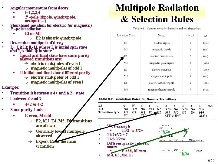 Multipole Radiation & Selection Rules • Angular momentum from decay § l=1, 2, 3,