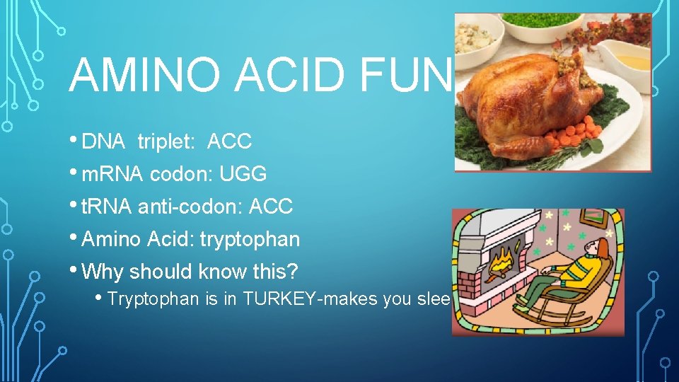 AMINO ACID FUN! • DNA triplet: ACC • m. RNA codon: UGG • t.