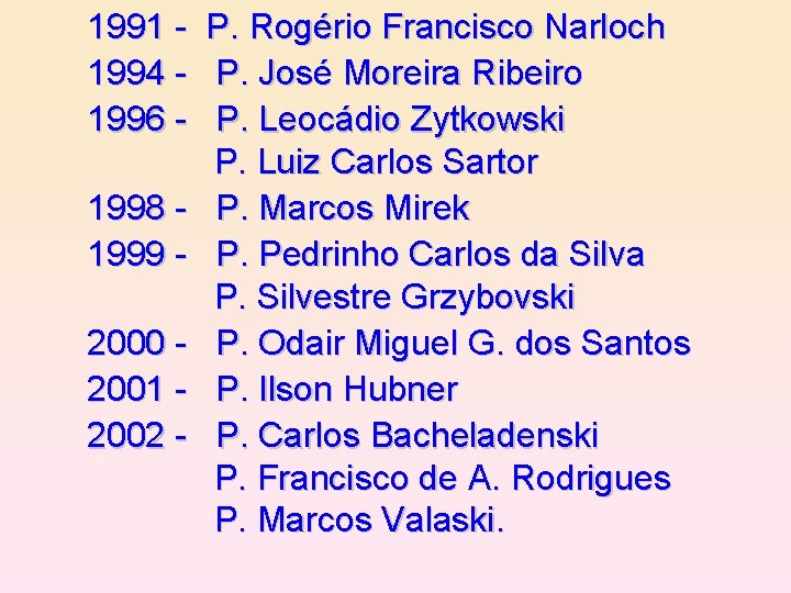 1991 - P. Rogério Francisco Narloc h 1994 - P. José Moreira Ribeiro 1996