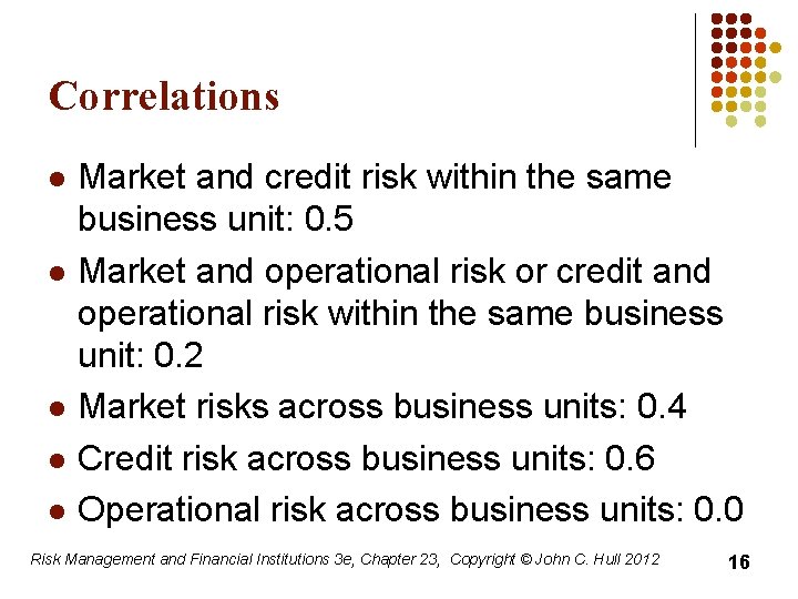 Correlations l l l Market and credit risk within the same business unit: 0.