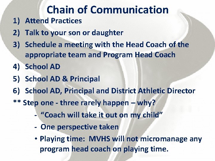 Chain of Communication 1) Attend Practices 2) Talk to your son or daughter 3)