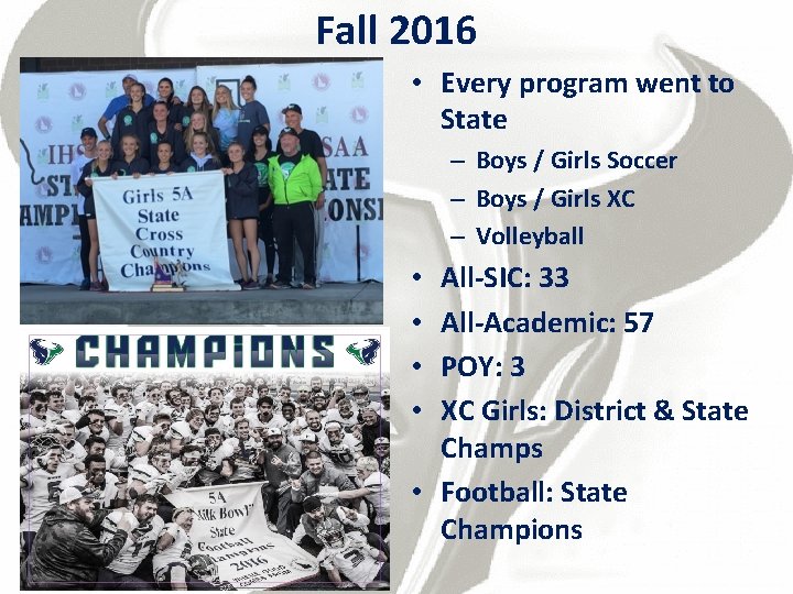 Fall 2016 • Every program went to State – Boys / Girls Soccer –