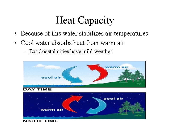 Heat Capacity • Because of this water stabilizes air temperatures • Cool water absorbs