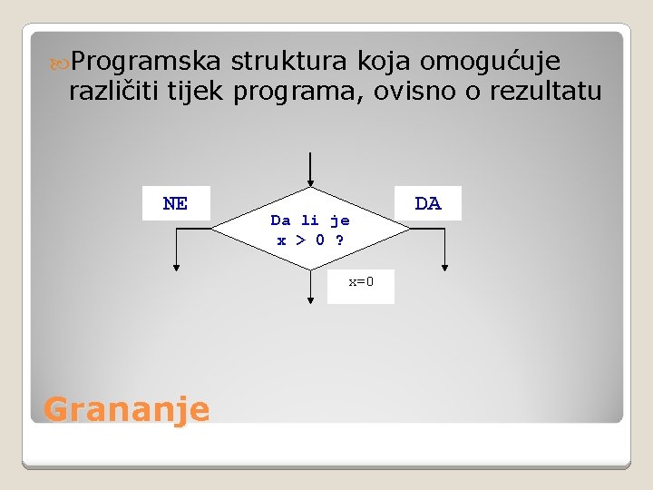  Programska struktura koja omogućuje različiti tijek programa, ovisno o rezultatu NE Da li