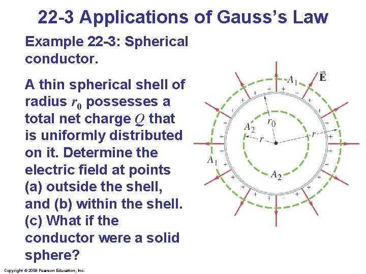 22 -3 Applications of Gauss’s Law Example 22 -3: Spherical conductor. A thin spherical