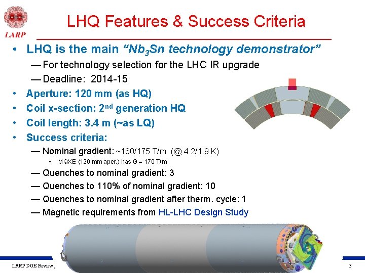 LHQ Features & Success Criteria • LHQ is the main “Nb 3 Sn technology