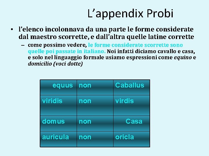 L’appendix Probi • l’elenco incolonnava da una parte le forme considerate dal maestro scorrette,