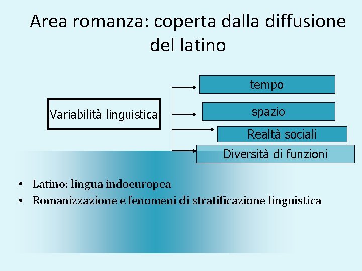 Area romanza: coperta dalla diffusione del latino tempo Variabilità linguistica spazio Realtà sociali Diversità
