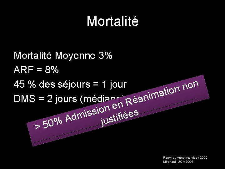 Mortalité Moyenne 3% ARF = 8% n 45 % des séjours = 1 jour