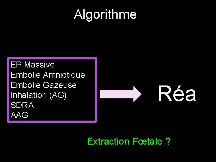 Algorithme EP Massive Embolie Amniotique Embolie Gazeuse Inhalation (AG) SDRA AAG Réa Extraction Fœtale