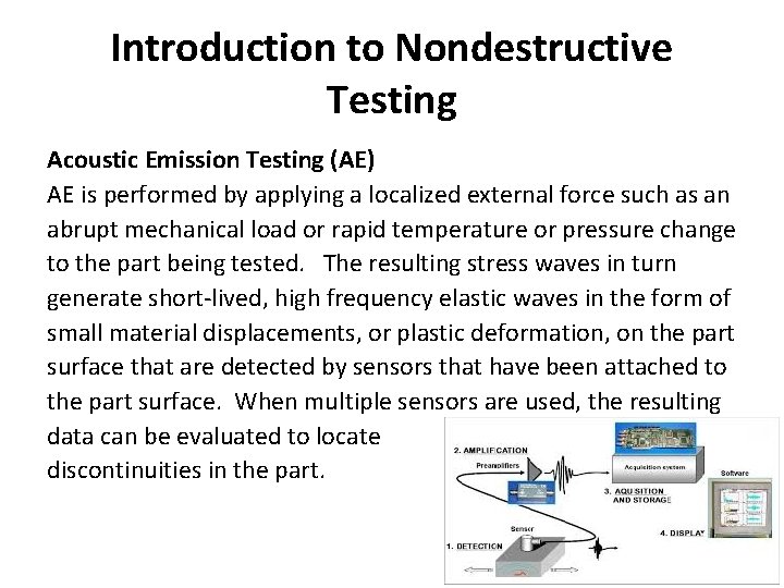 Introduction to Nondestructive Testing Acoustic Emission Testing (AE) AE is performed by applying a