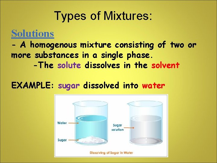 Types of Mixtures: Solutions - A homogenous mixture consisting of two or more substances