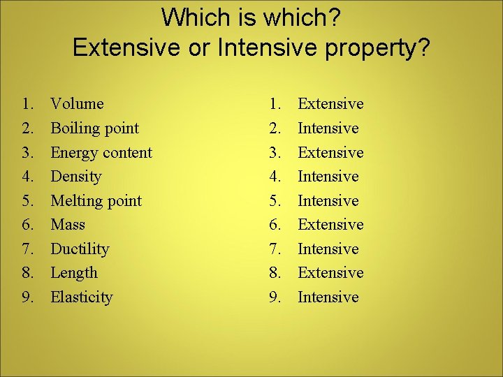 Which is which? Extensive or Intensive property? 1. 2. 3. 4. 5. 6. 7.