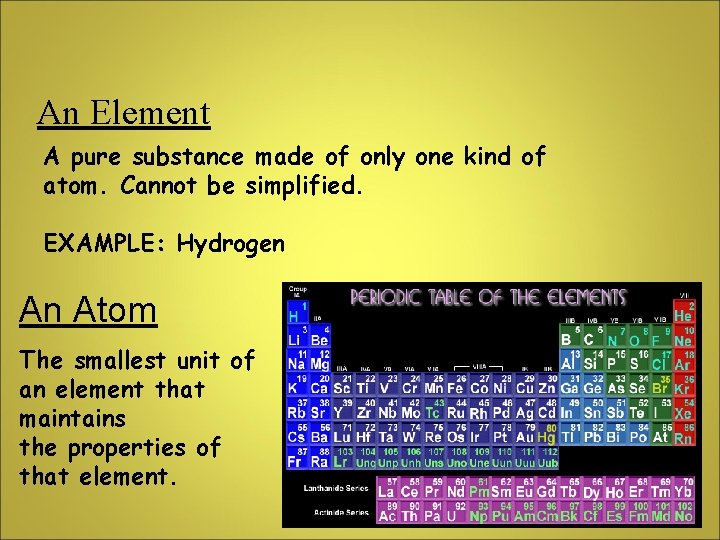 An Element A pure substance made of only one kind of atom. Cannot be