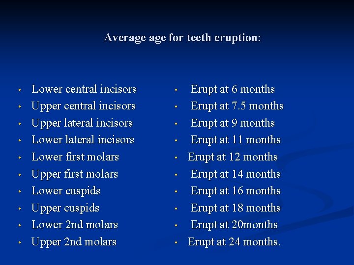 Average for teeth eruption: • • • Lower central incisors Upper lateral incisors Lower