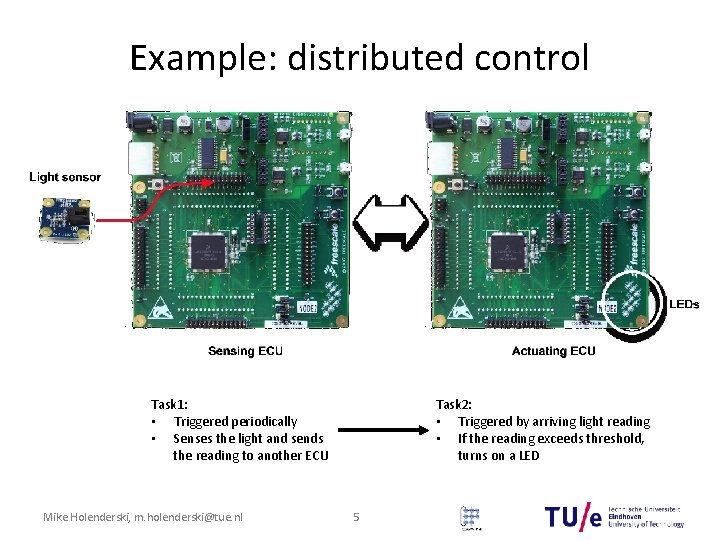 Example: distributed control Task 1: • Triggered periodically • Senses the light and sends Example: distributed control Task 1: • Triggered periodically • Senses the light and sends