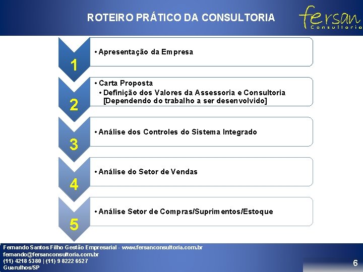 ROTEIRO PRÁTICO DA CONSULTORIA 1 2 3 4 5 • Apresentação da Empresa • ROTEIRO PRÁTICO DA CONSULTORIA 1 2 3 4 5 • Apresentação da Empresa •
