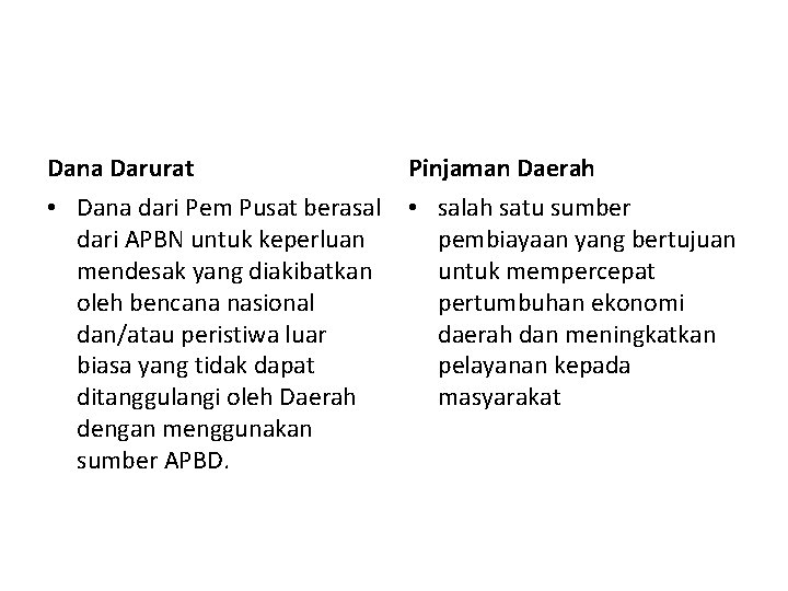 Dana Darurat Pinjaman Daerah • Dana dari Pem Pusat berasal dari APBN untuk keperluan